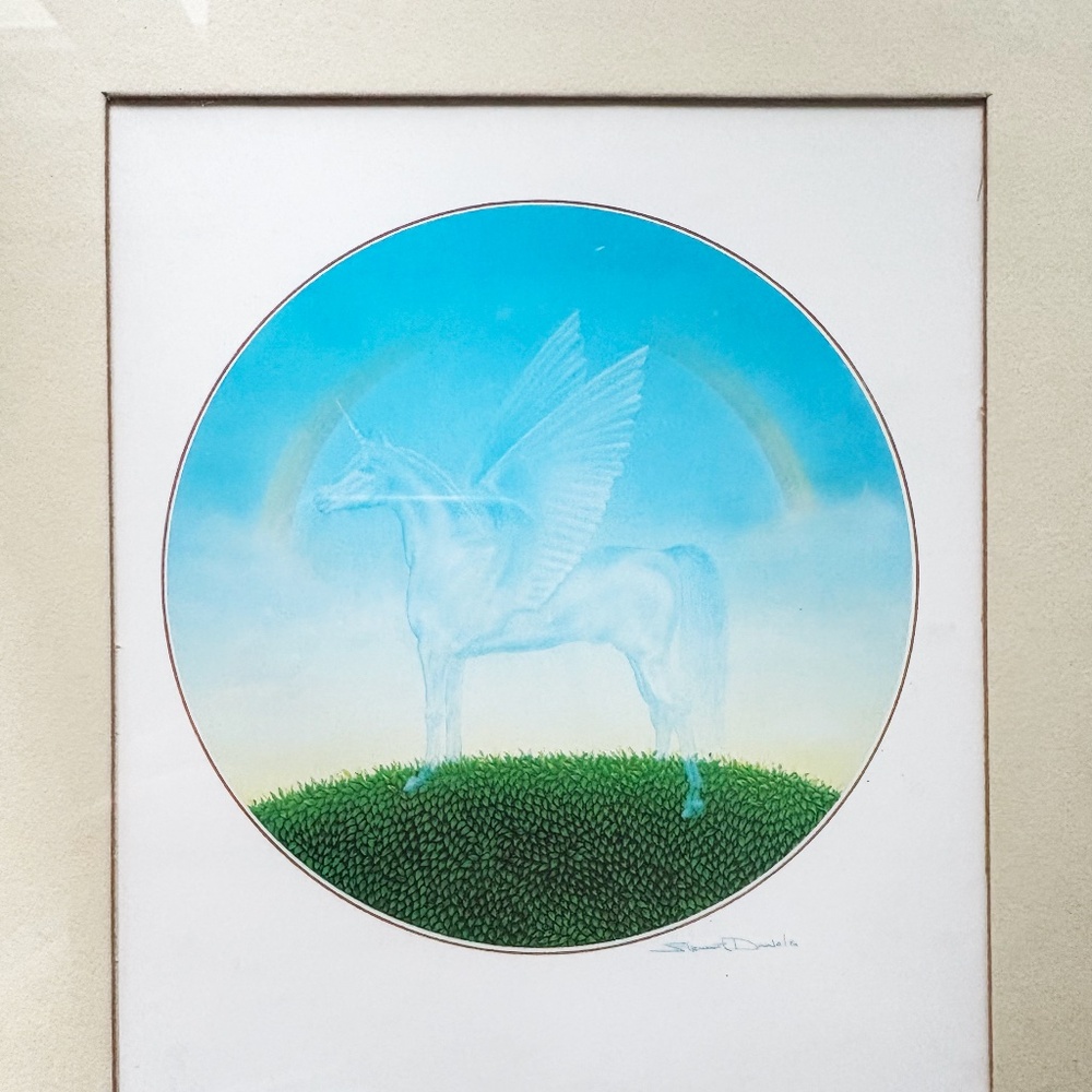 Vintage 1984 Framed Fantasy Wall Art Print – Surreal Winged Unicorn & Rainbow